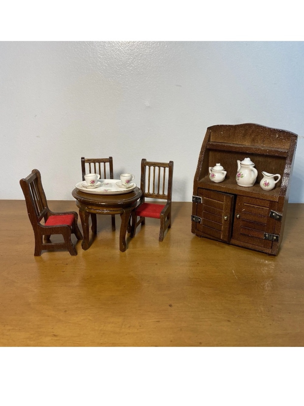 Vintage Dollhouse Furniture Kitchen Dining Tea Set Table Chairs Cabinet Price